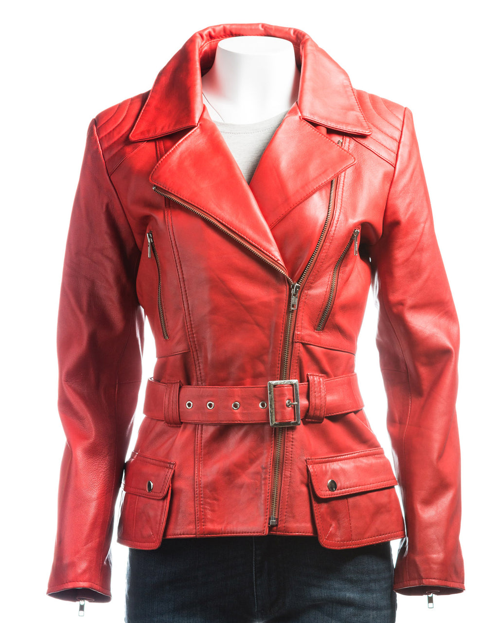 Ladies Red Belted Asymmetric Biker Style Leather Jacket: Aurora