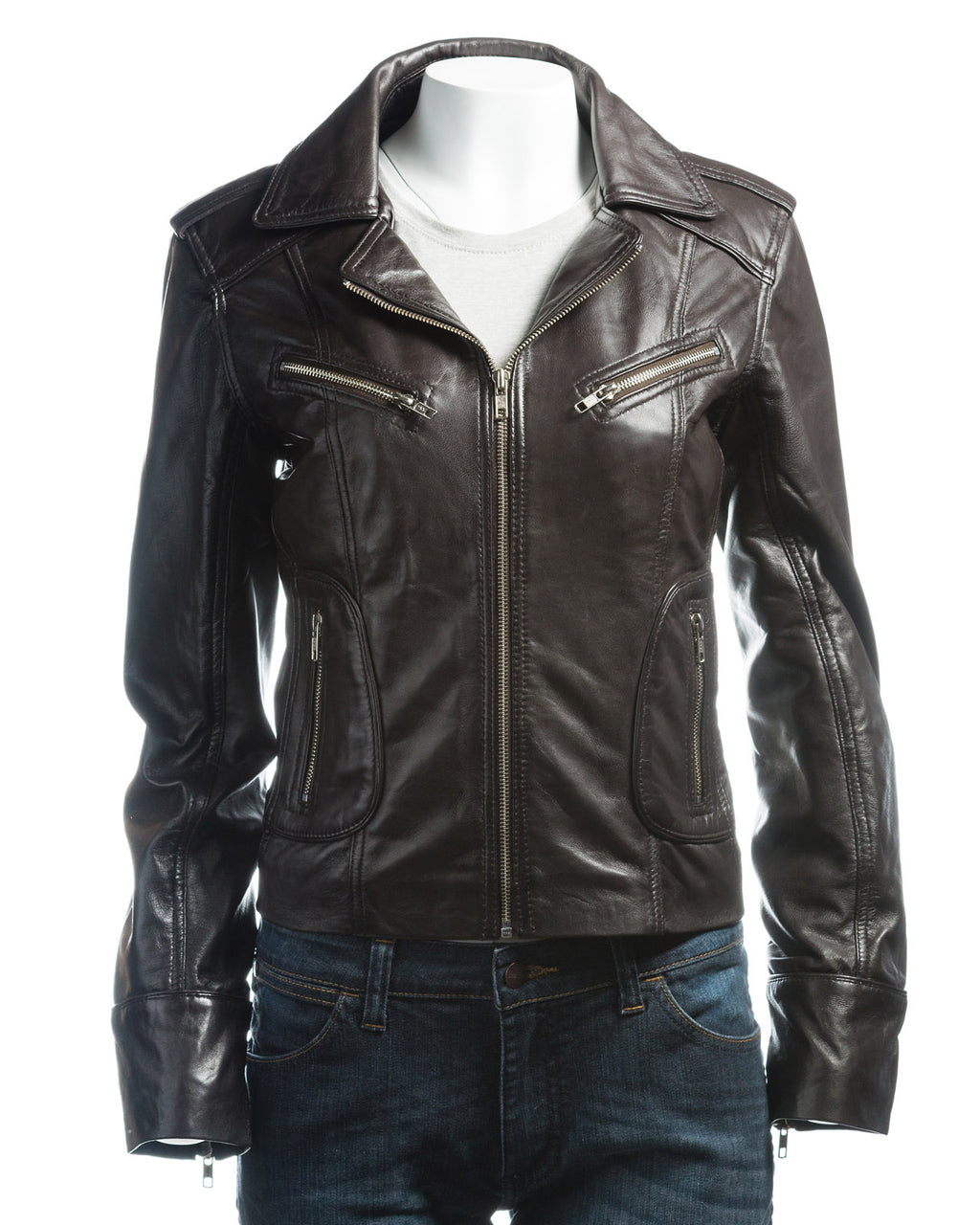 Ladies Black Symmetric Biker Style Leather Jacket: Camilla