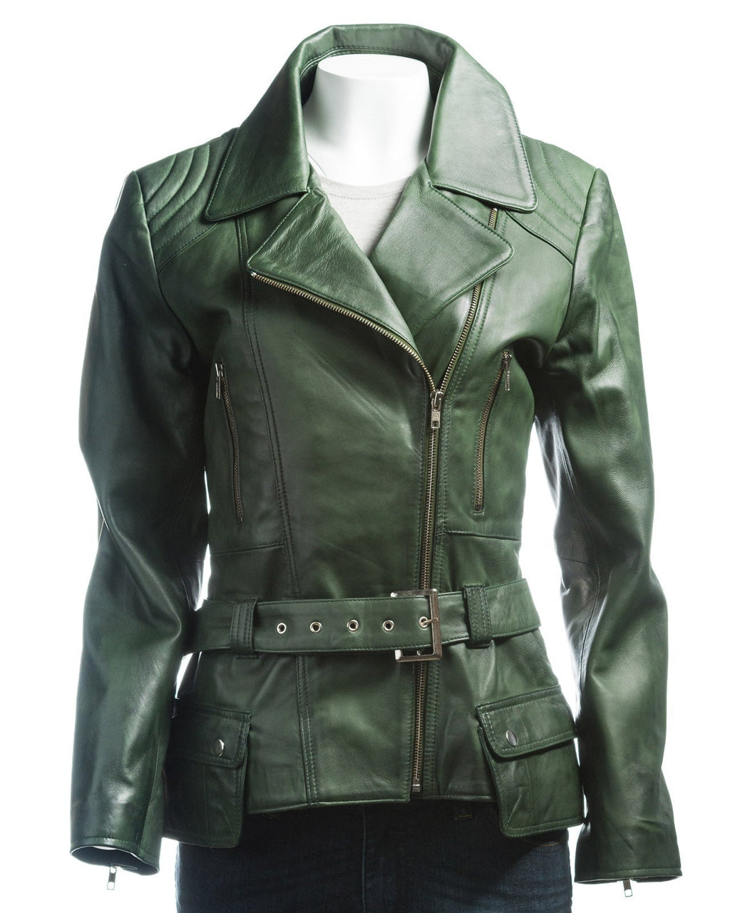 Ladies Bottle Green Belted Asymmetric Biker Style Leather Jacket: Aurora