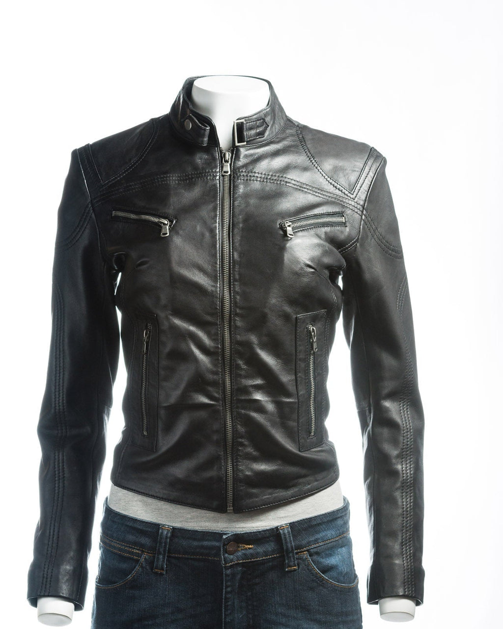 Ladies Black Slim Fit Biker Style Leather Jacket: Ella