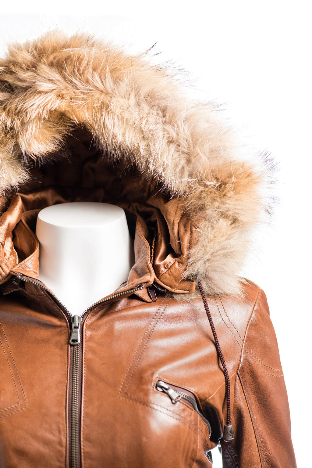 Ladies Cognac Belted Leather Coat With Detachable Fur Trimmed Hood: Paola