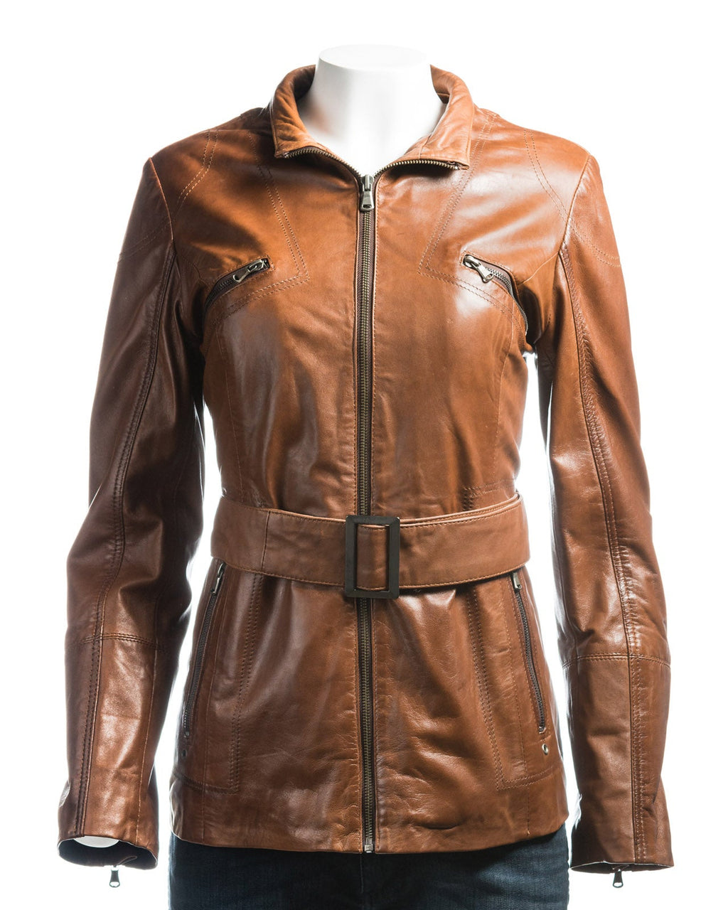 Ladies Cognac Belted Leather Coat With Detachable Fur Trimmed Hood: Paola