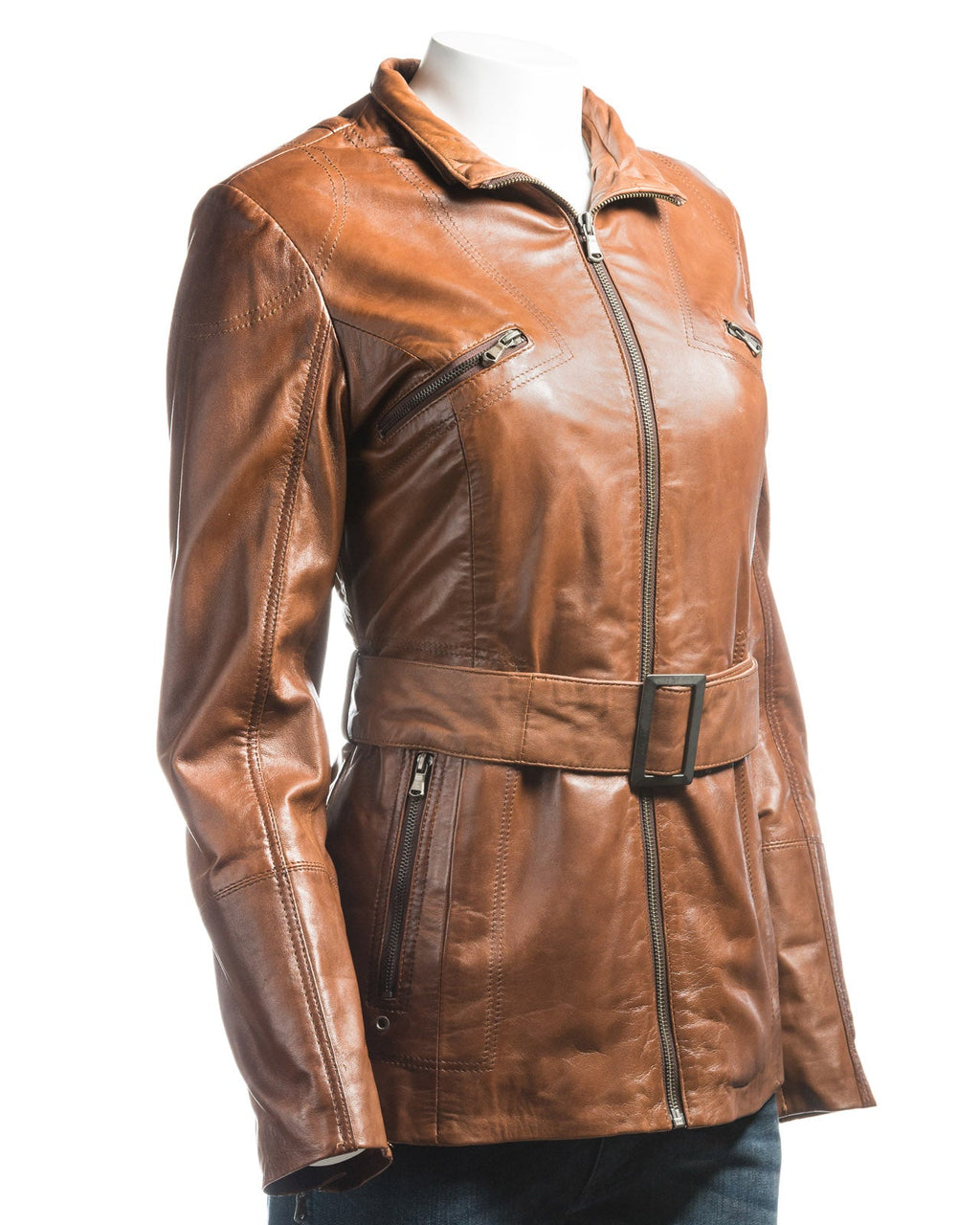 Ladies Cognac Belted Leather Coat With Detachable Fur Trimmed Hood: Paola
