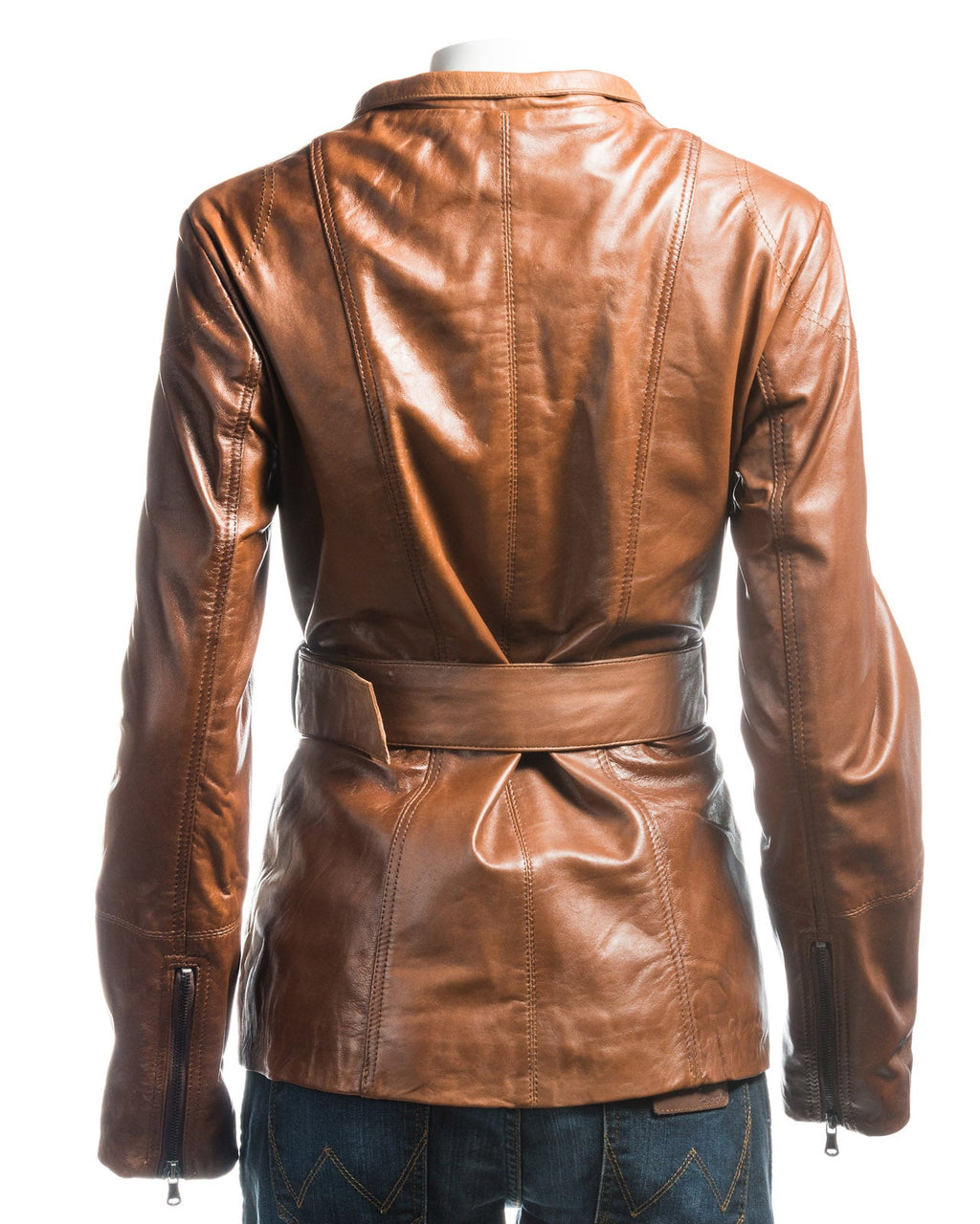 Ladies Cognac Belted Leather Coat With Detachable Fur Trimmed Hood: Paola