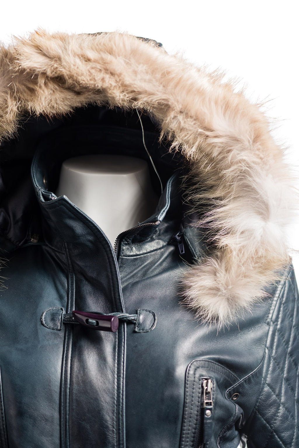 Ladies Navy Fitted Leather Parka Coat With Fur Trimmed Detachable Hood: Marina