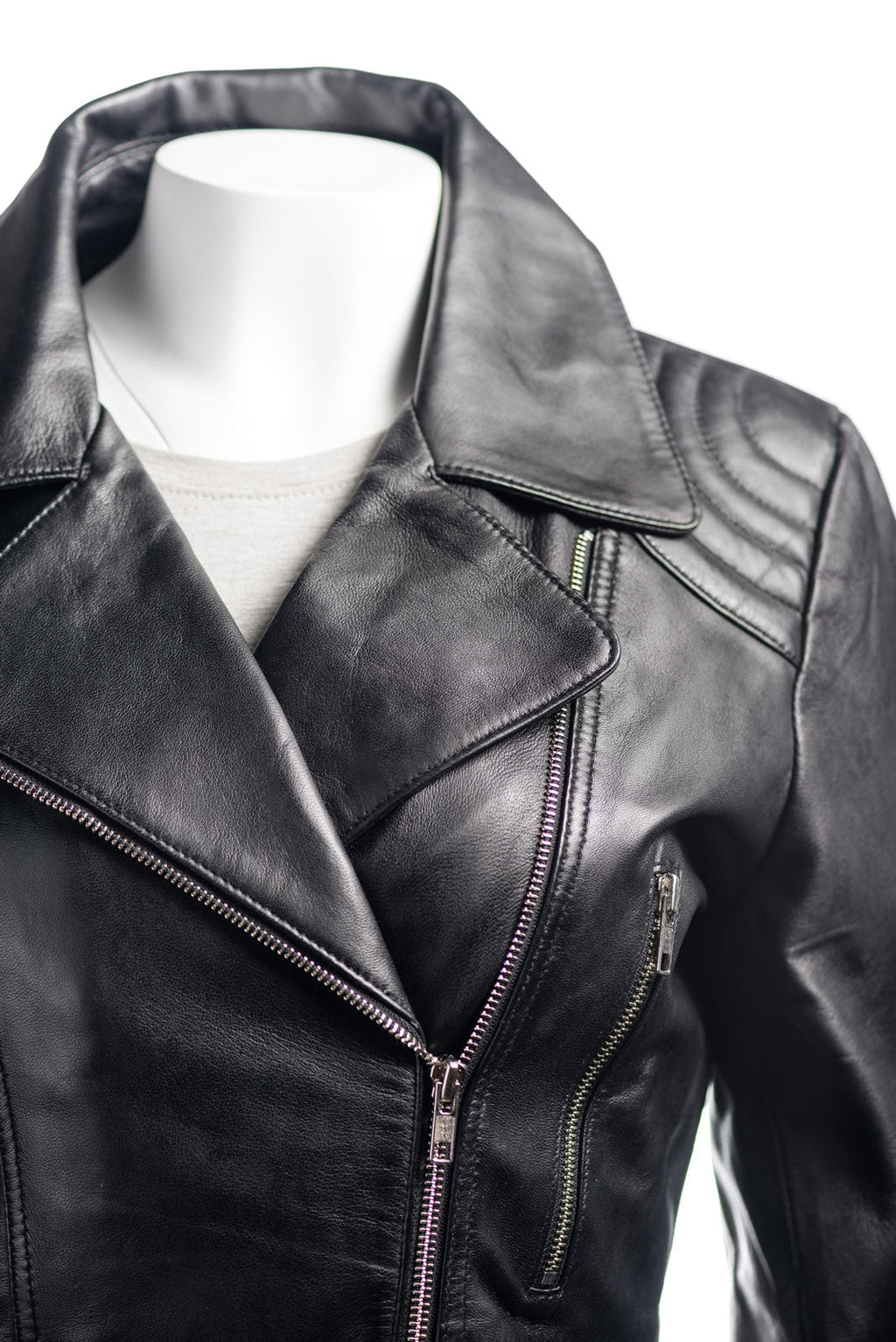Ladies Black Belted Asymmetric Biker Style Leather Jacket: Aurora