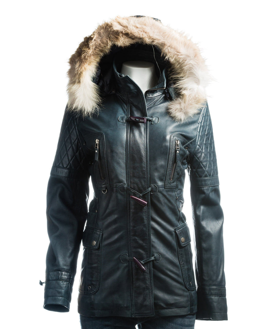 Ladies Navy Fitted Leather Parka Coat With Fur Trimmed Detachable Hood: Marina