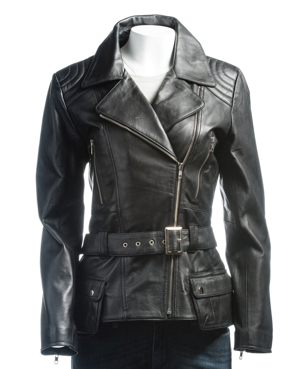 Ladies Black Belted Asymmetric Biker Style Leather Jacket: Aurora