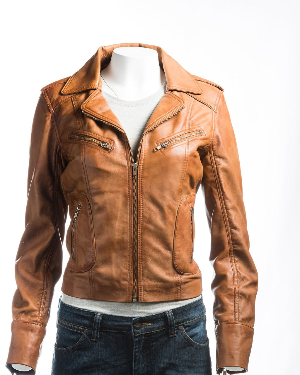 Ladies Antique Tan Symmetric Biker Style Leather Jacket: Camilla