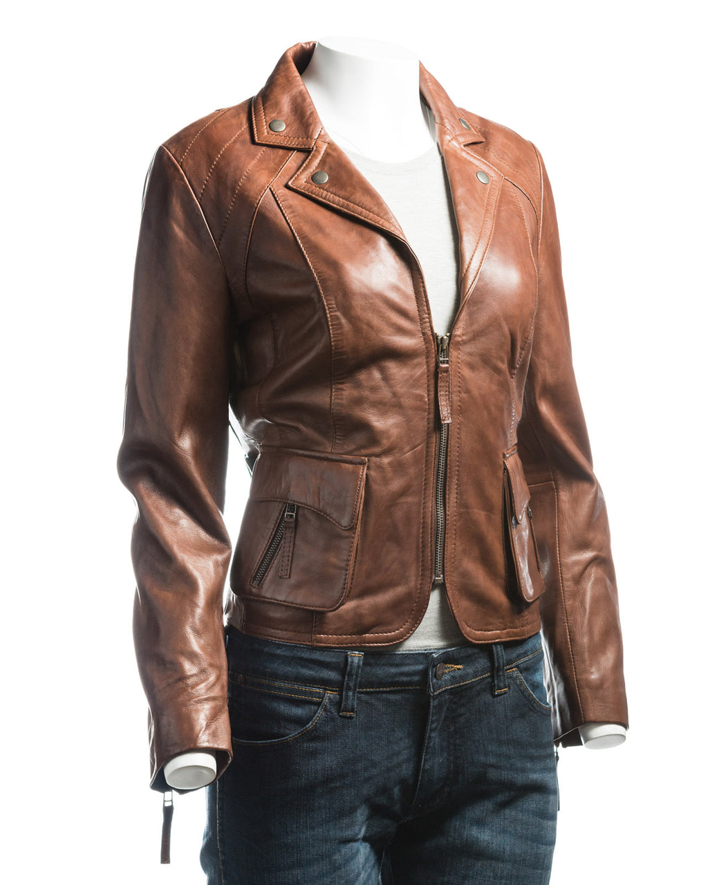 Ladies Short Blazer Style Zipped Leather Jacket: Marissa