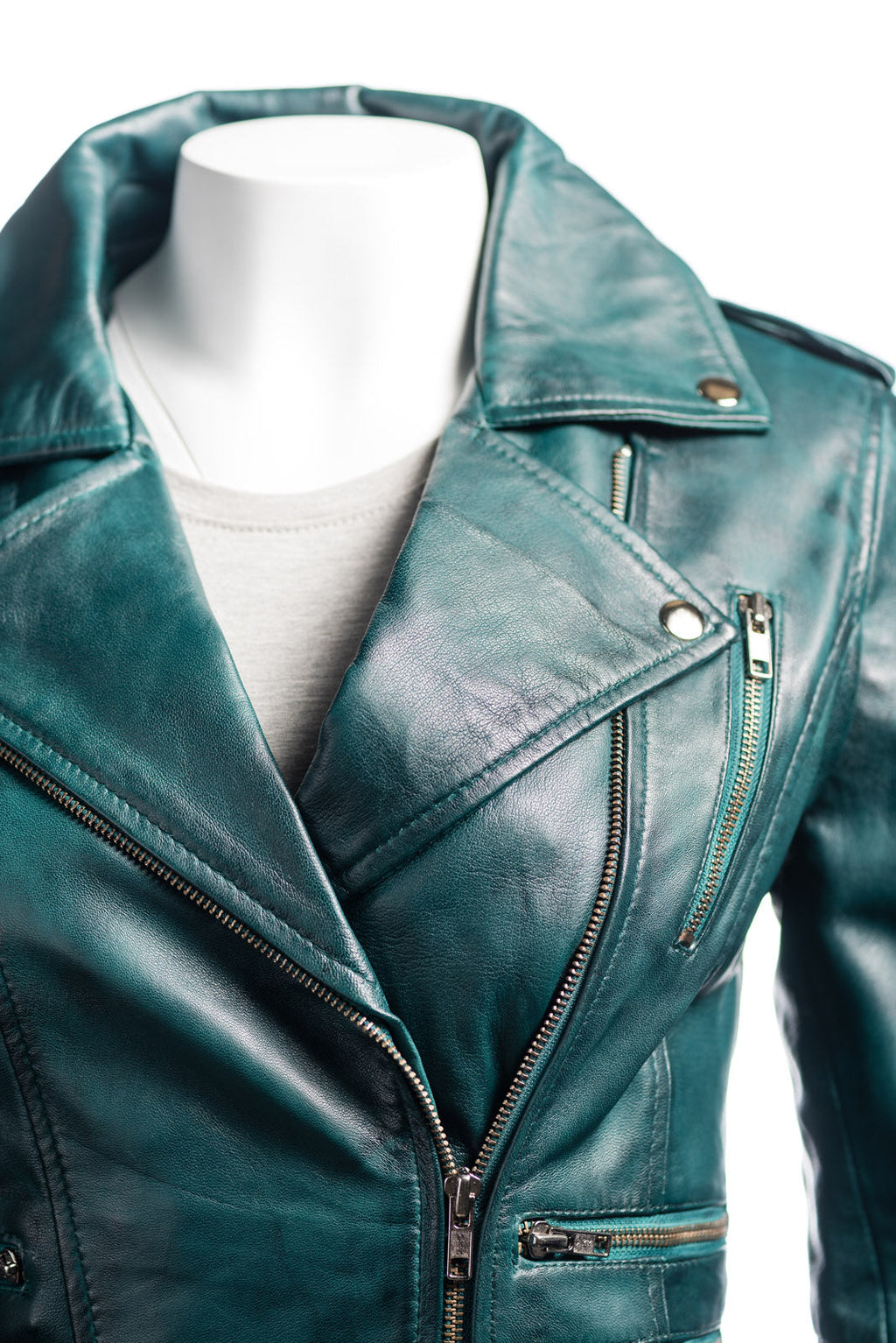 Ladies Teal Buckled Asymmetric Biker Style Leather Jacket: Angelica