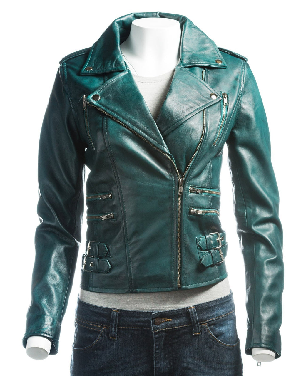 Ladies Teal Buckled Asymmetric Biker Style Leather Jacket: Angelica