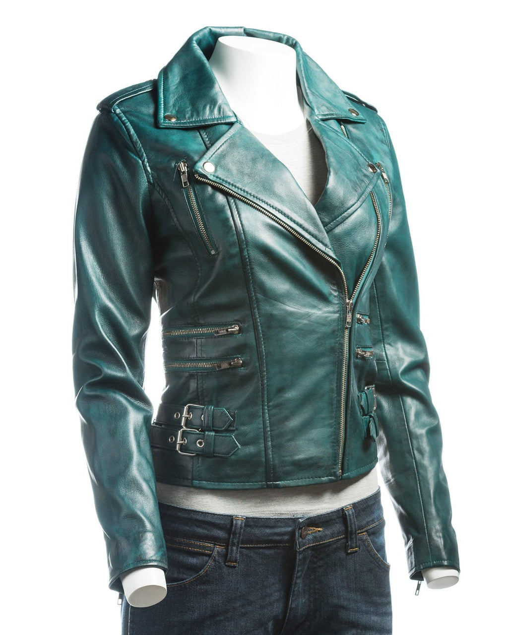 Ladies Teal Buckled Asymmetric Biker Style Leather Jacket: Angelica