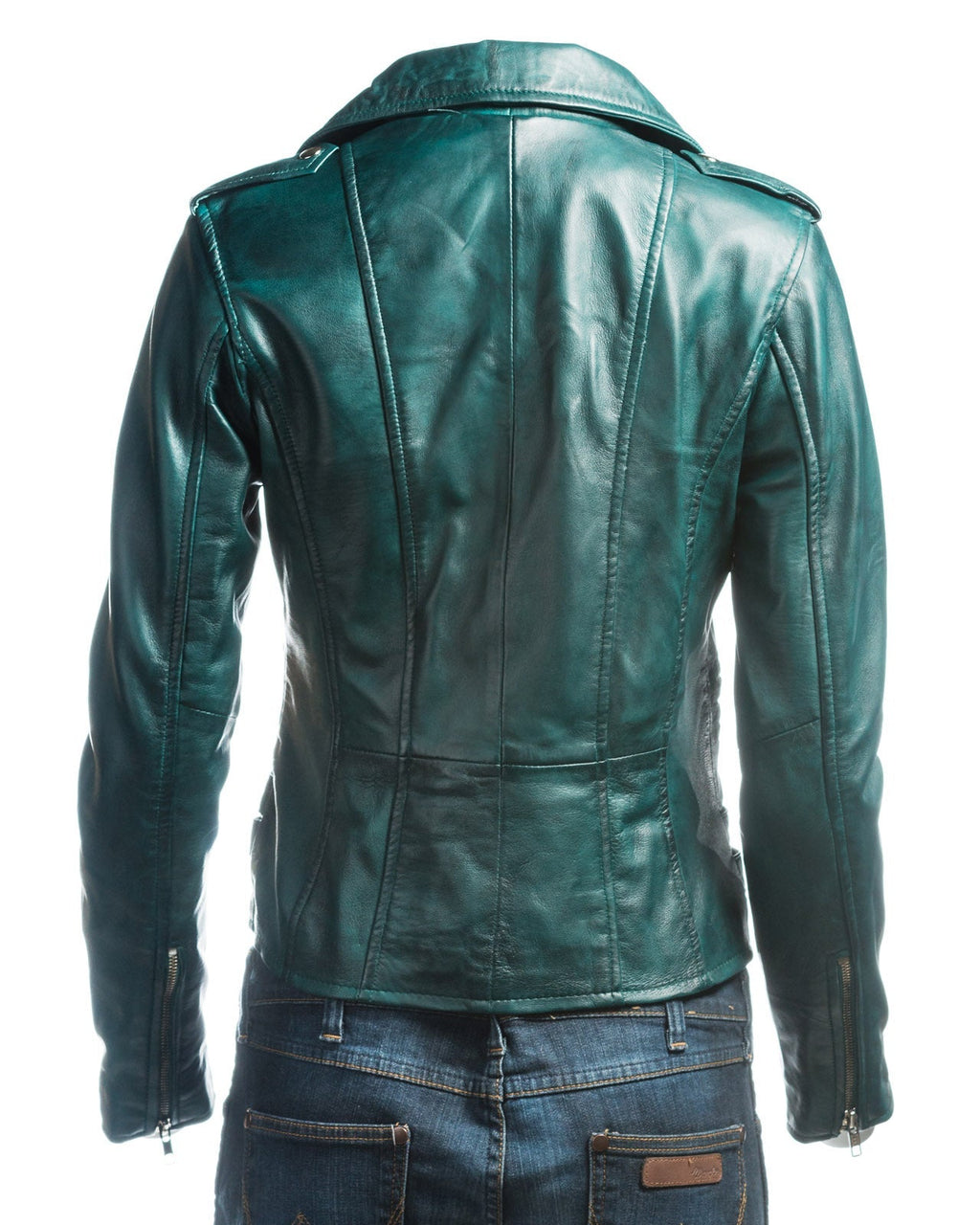 Ladies Teal Buckled Asymmetric Biker Style Leather Jacket: Angelica