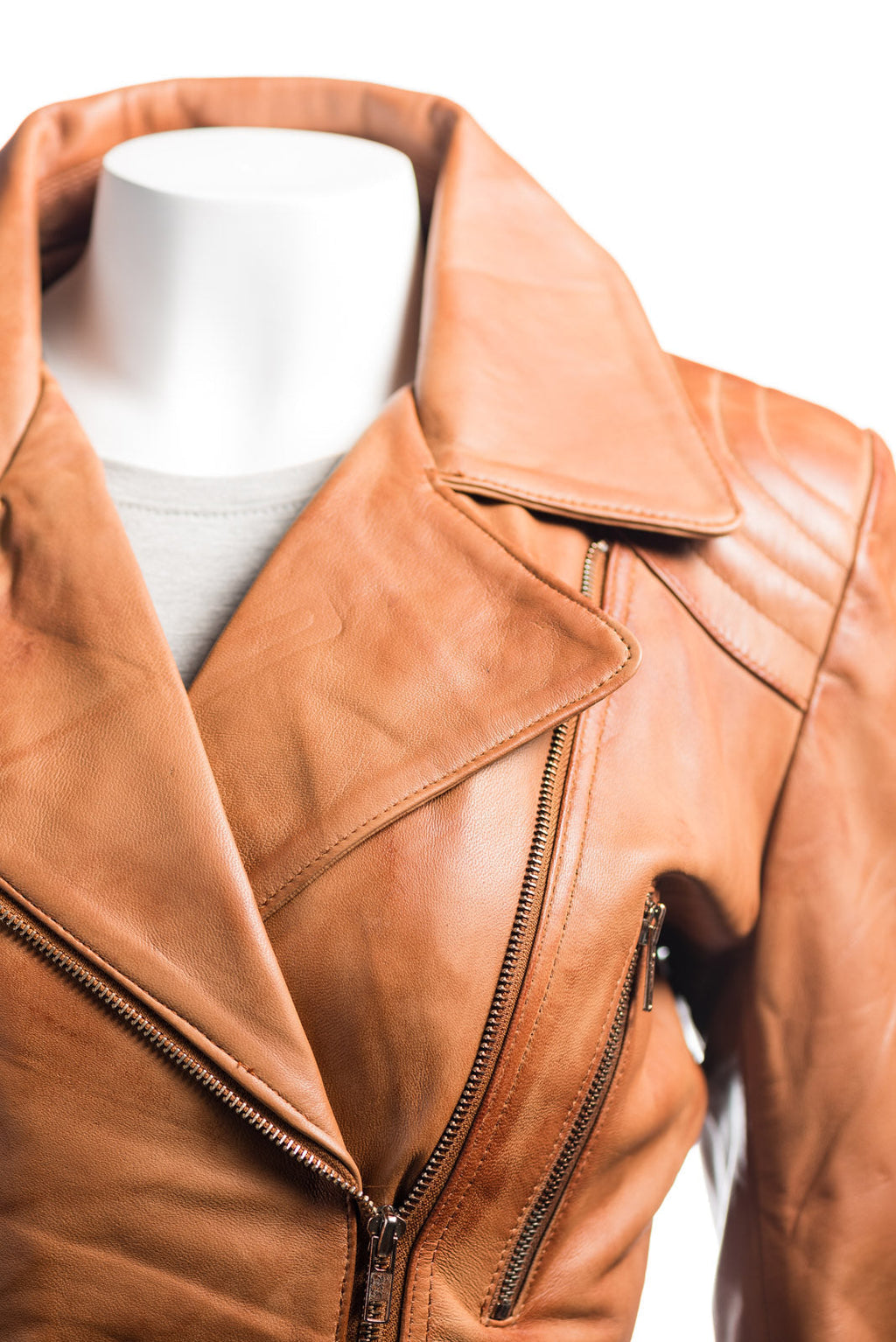 Ladies Antique Tan Belted Asymmetric Biker Style Leather Jacket: Aurora