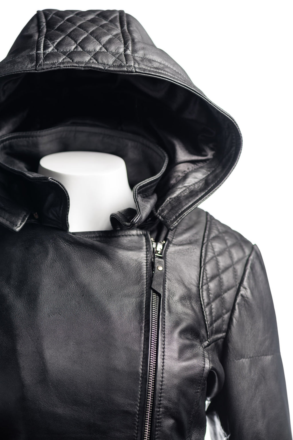 Ladies Black Slim Fit Diamond Quilted Biker Style Leather Jacket With Detachable Hood: Flora