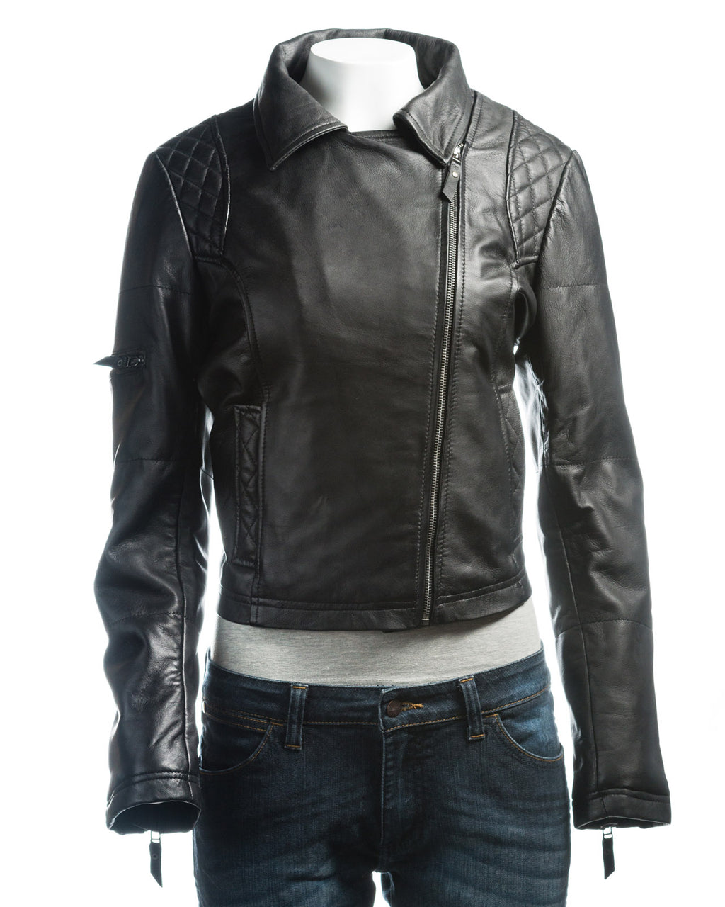 Ladies Black Slim Fit Diamond Quilted Biker Style Leather Jacket With Detachable Hood: Flora