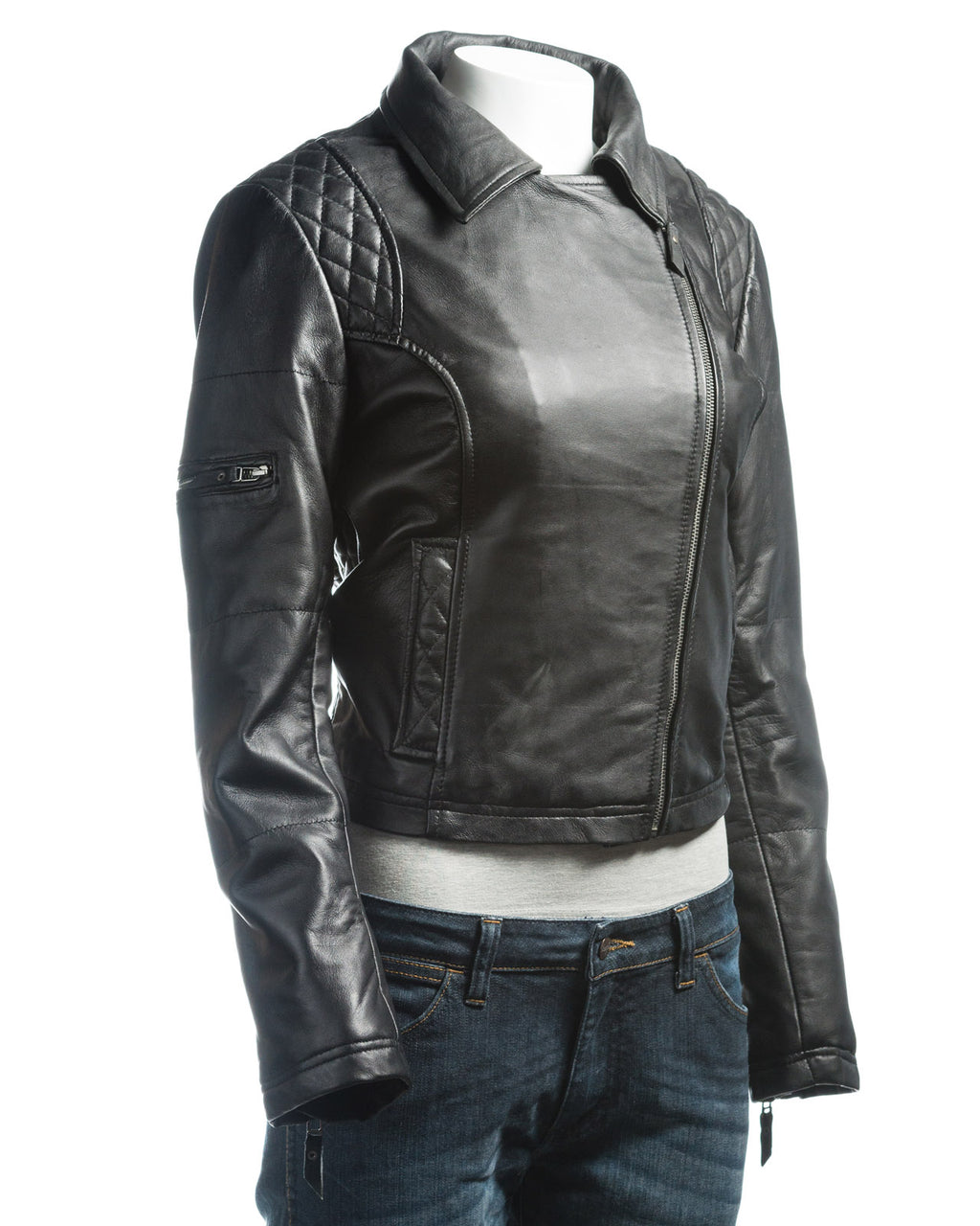 Ladies Black Slim Fit Diamond Quilted Biker Style Leather Jacket With Detachable Hood: Flora