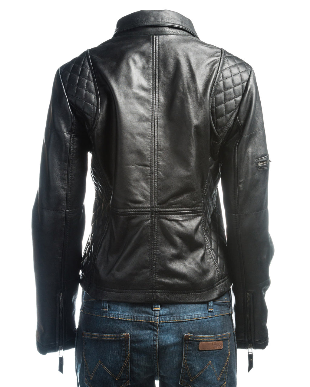 Ladies Black Slim Fit Diamond Quilted Biker Style Leather Jacket With Detachable Hood: Flora