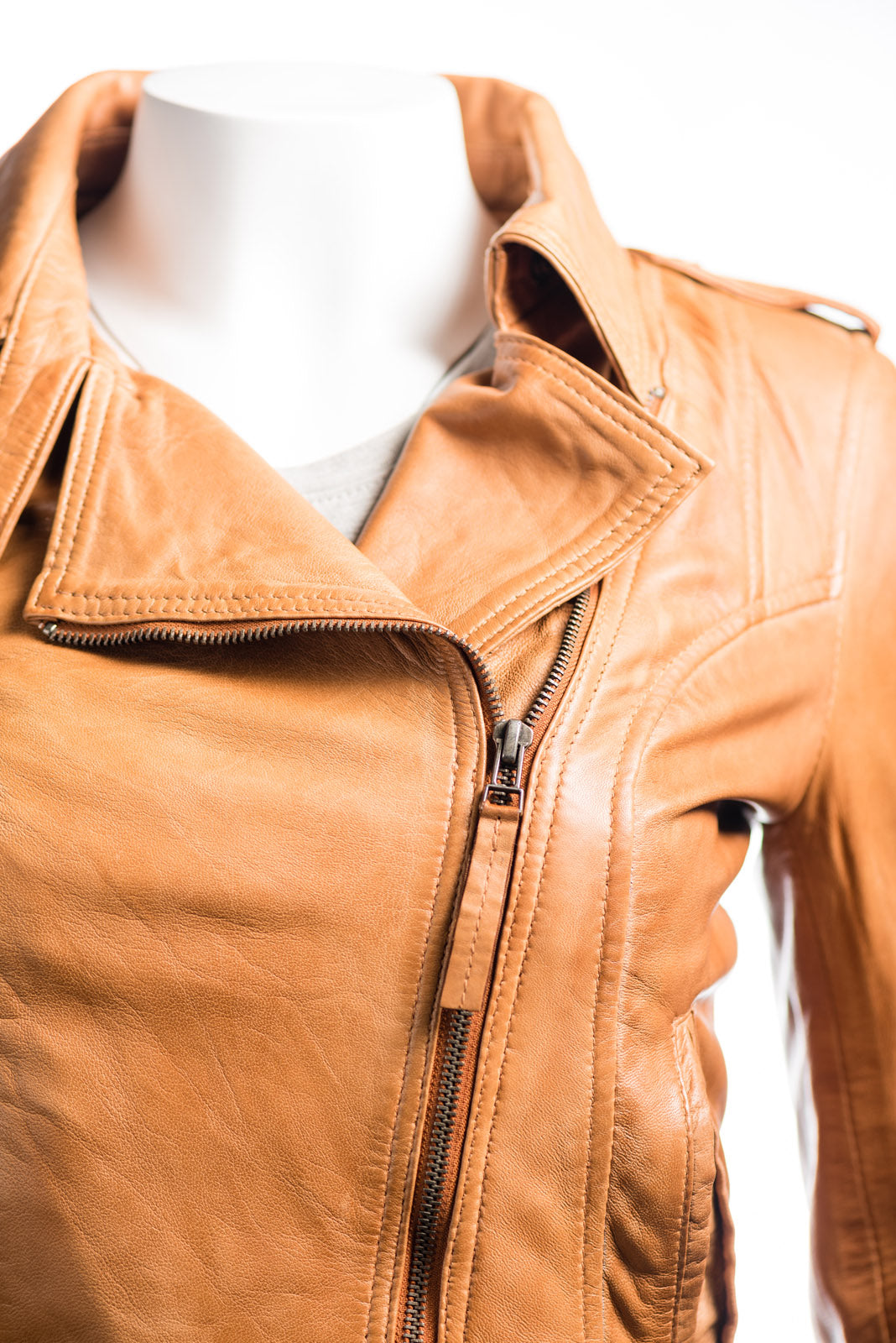 Ladies Tan Simple Asymmetric Biker Style Leather Jacket: Augusta