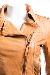Ladies Tan Simple Asymmetric Biker Style Leather Jacket: Augusta