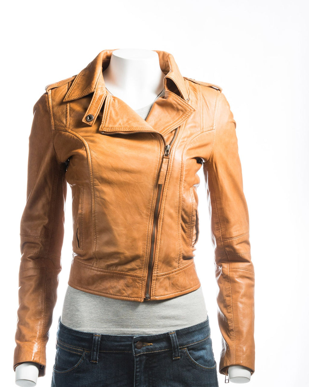 Ladies Tan Simple Asymmetric Biker Style Leather Jacket: Augusta