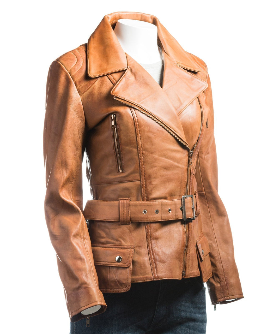 Ladies Antique Tan Belted Asymmetric Biker Style Leather Jacket: Aurora