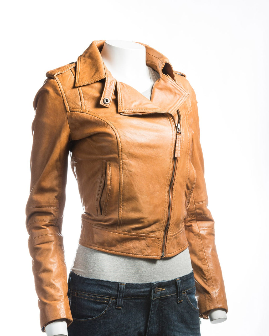 Ladies Tan Simple Asymmetric Biker Style Leather Jacket: Augusta