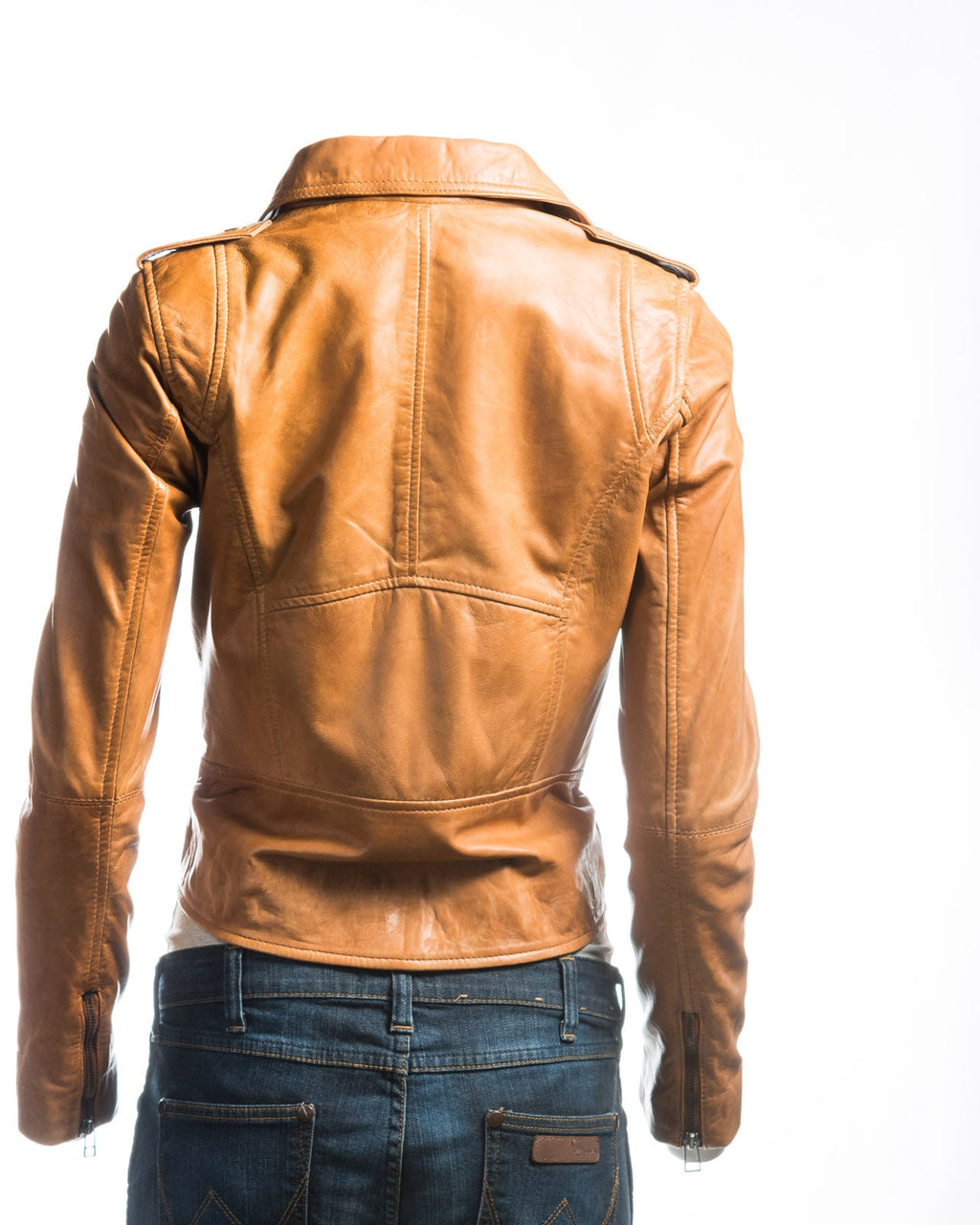 Ladies Tan Simple Asymmetric Biker Style Leather Jacket: Augusta