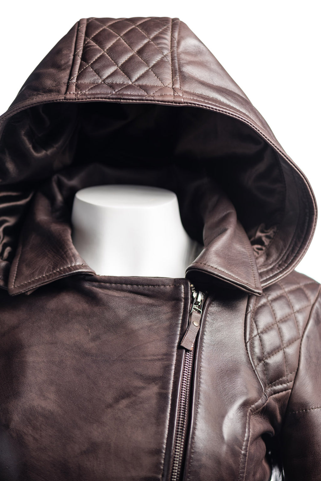 Ladies Black Slim Fit Diamond Quilted Biker Style Leather Jacket With Detachable Hood: Flora