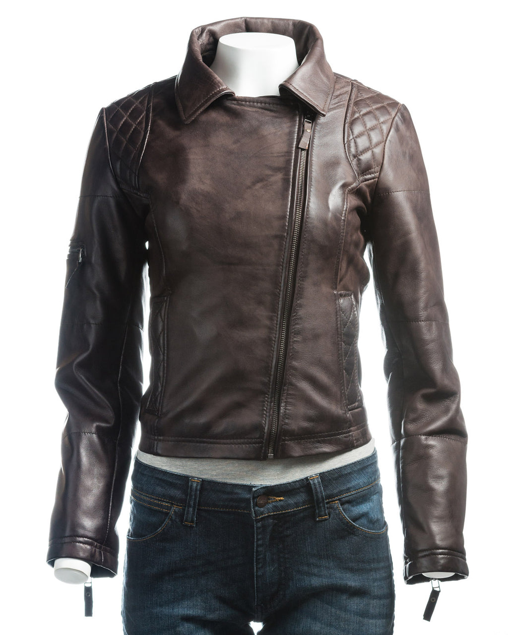 Ladies Black Slim Fit Diamond Quilted Biker Style Leather Jacket With Detachable Hood: Flora