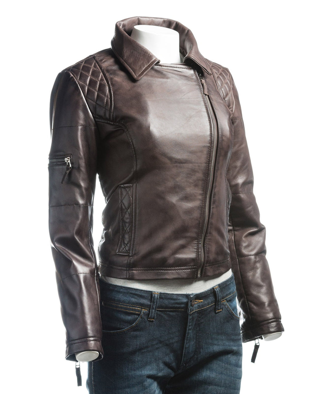 Ladies Brown Slim Fit Diamond Quilted Biker Style Leather Jacket With Detachable Hood: Flora
