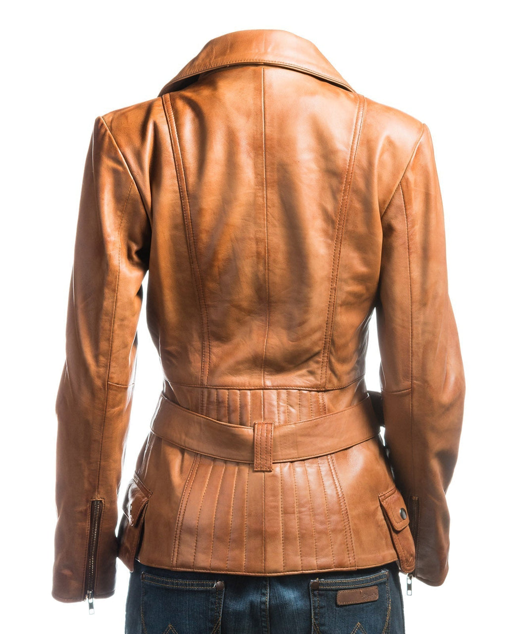 Ladies Antique Tan Belted Asymmetric Biker Style Leather Jacket: Aurora