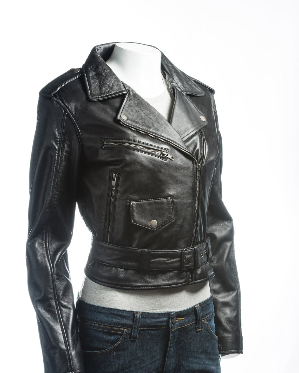 Ladies Short Fitted Asymmetric Zip Leather Biker Jacket: Alessandra