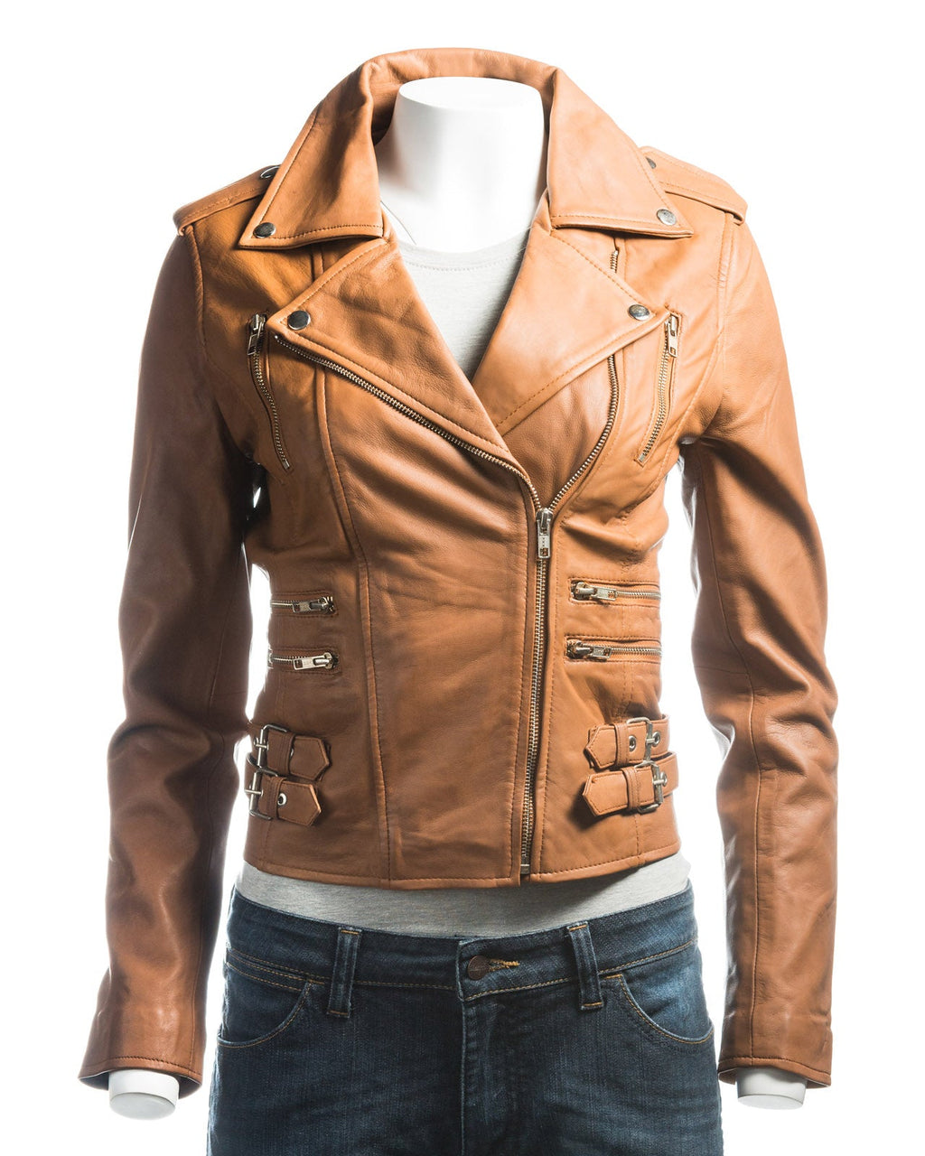 Ladies Tan Buckled Asymmetric Biker Style Leather Jacket: Angelica