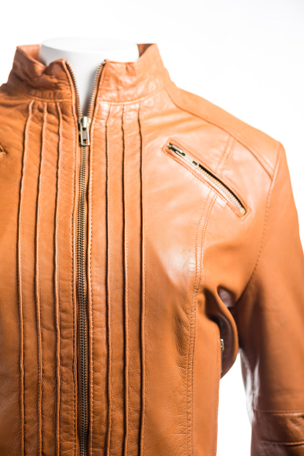 Ladies Tan Pleated Front Biker Style Leather Jacket: Gloria