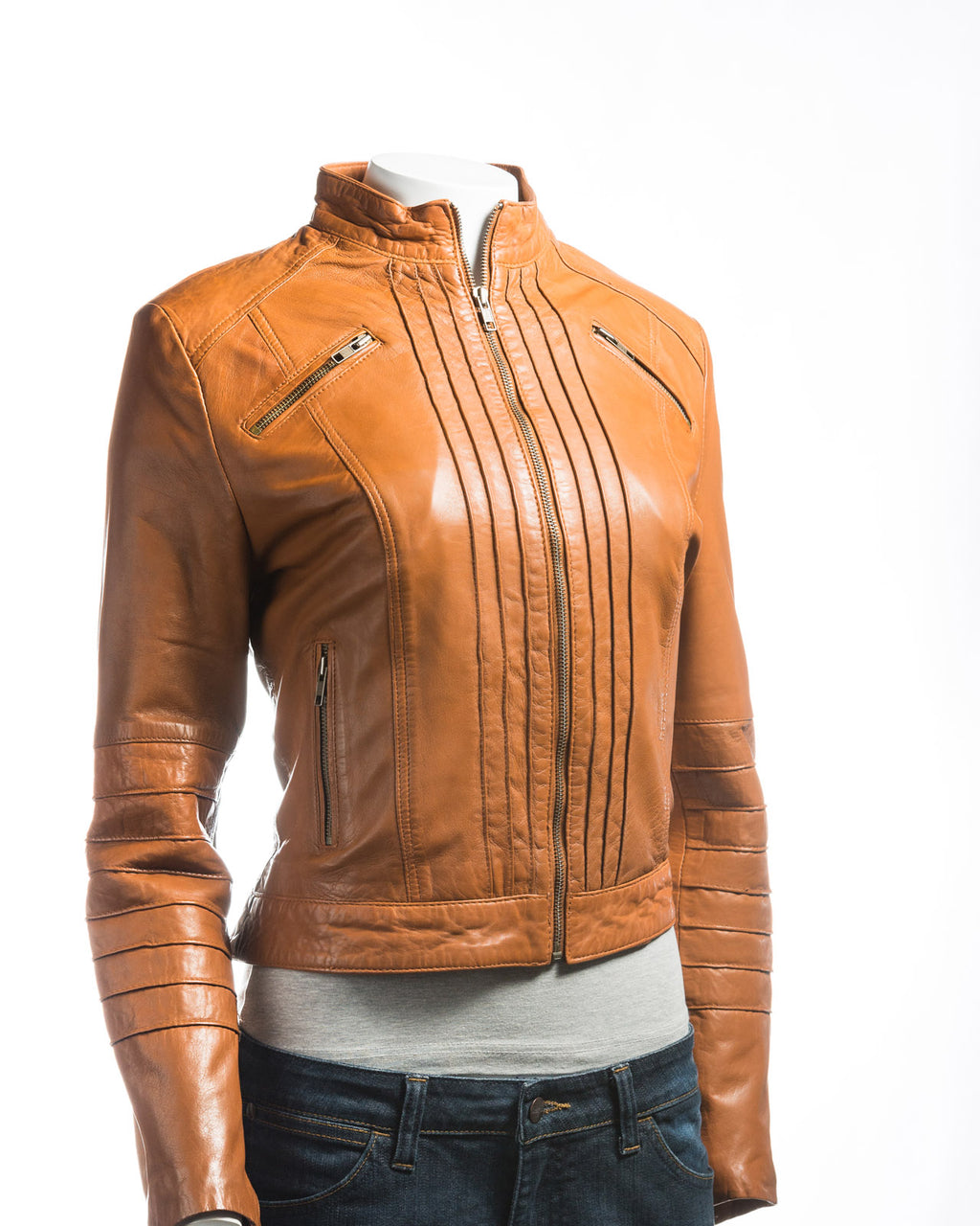 Ladies Tan Pleated Front Biker Style Leather Jacket: Gloria