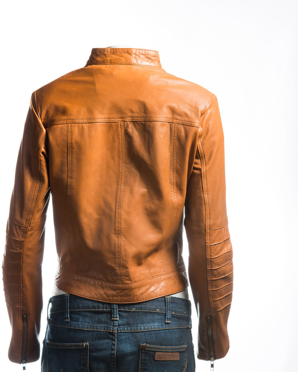Ladies Tan Pleated Front Biker Style Leather Jacket: Gloria