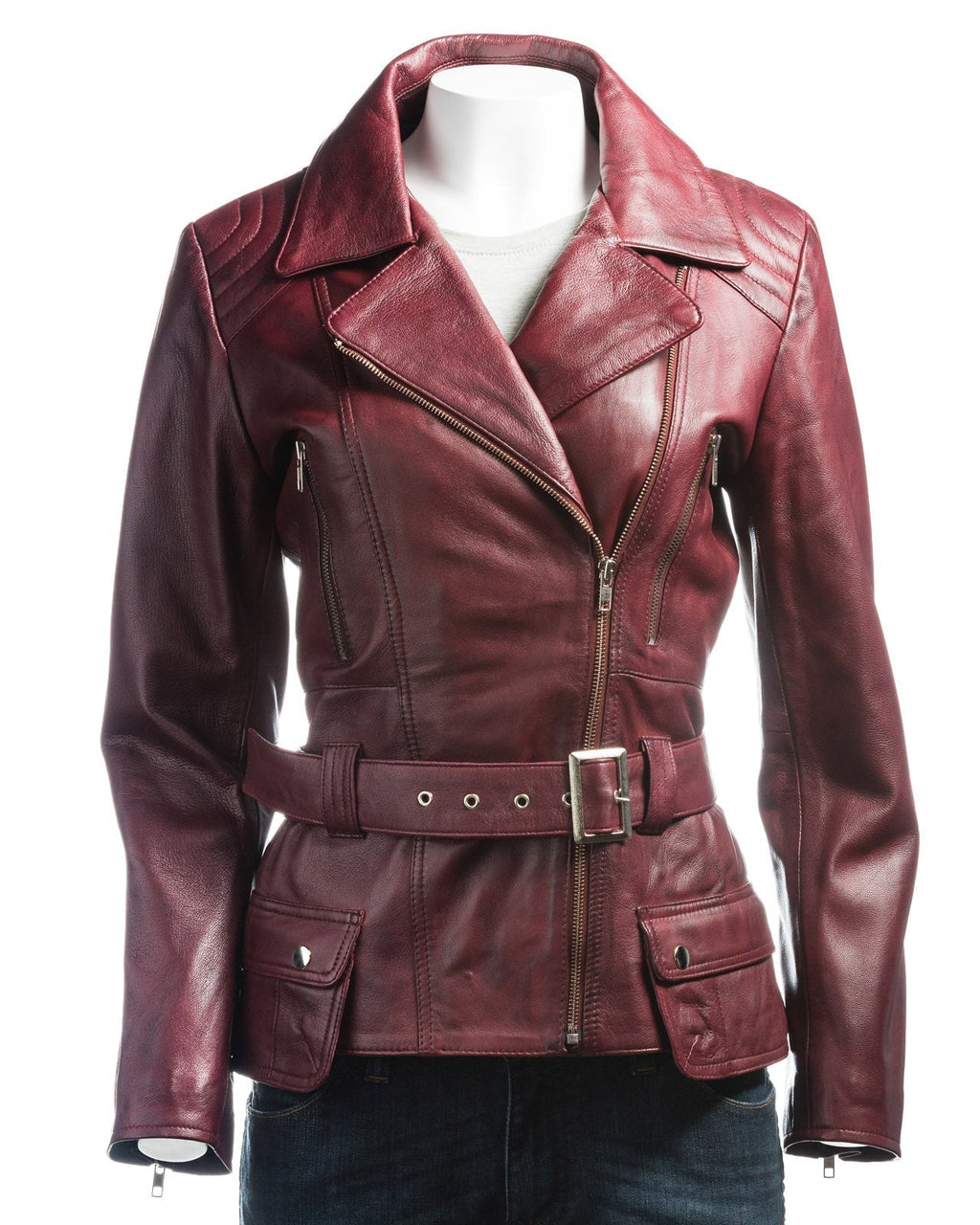 Ladies Burgundy Belted Asymmetric Biker Style Leather Jacket: Aurora