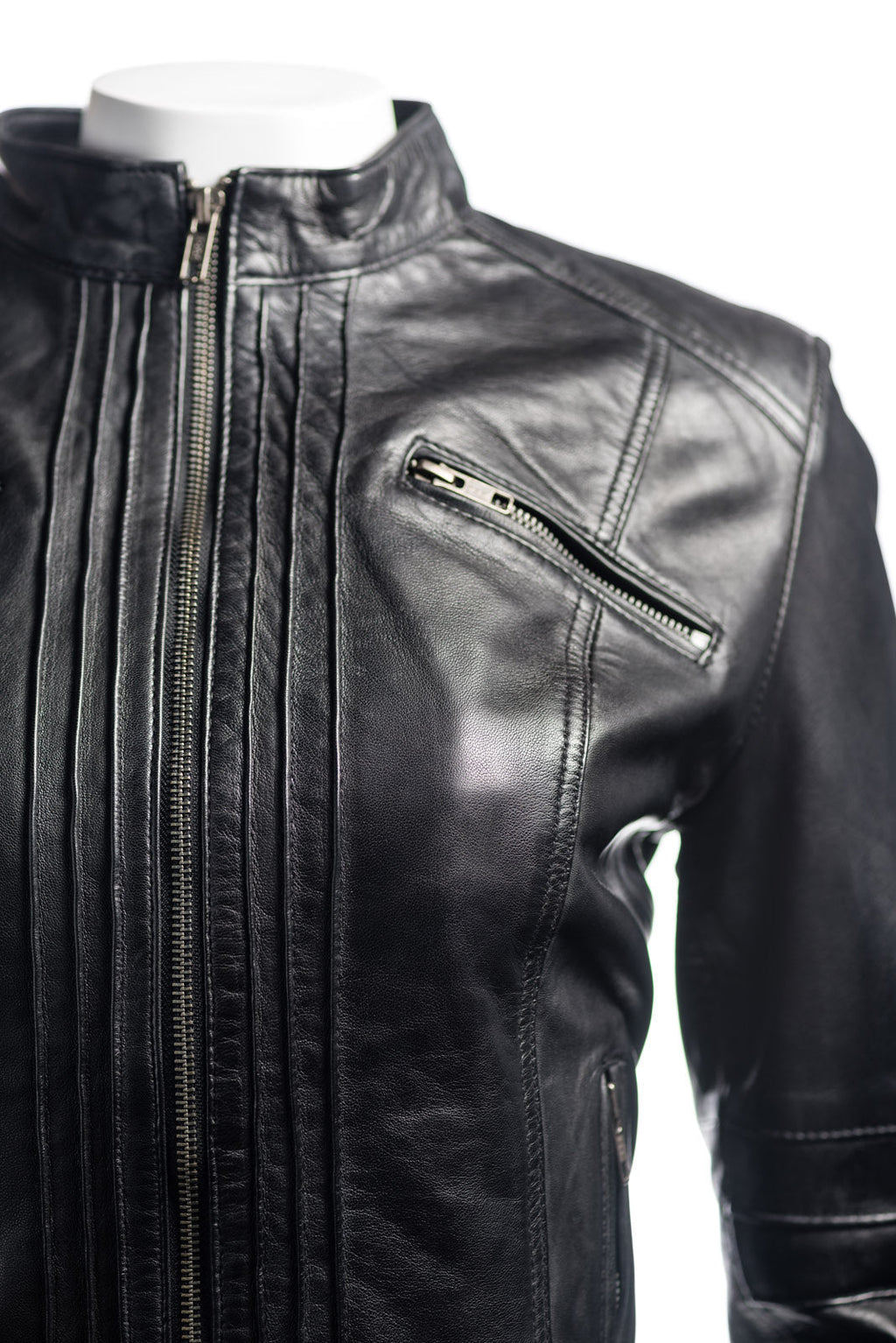 Ladies Black Pleated Front Biker Style Leather Jacket: Gloria