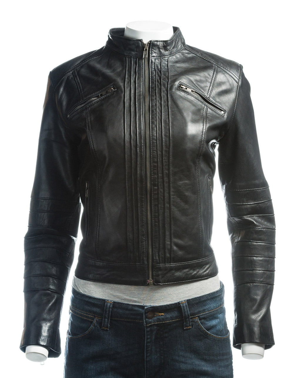 Ladies Black Pleated Front Biker Style Leather Jacket: Gloria