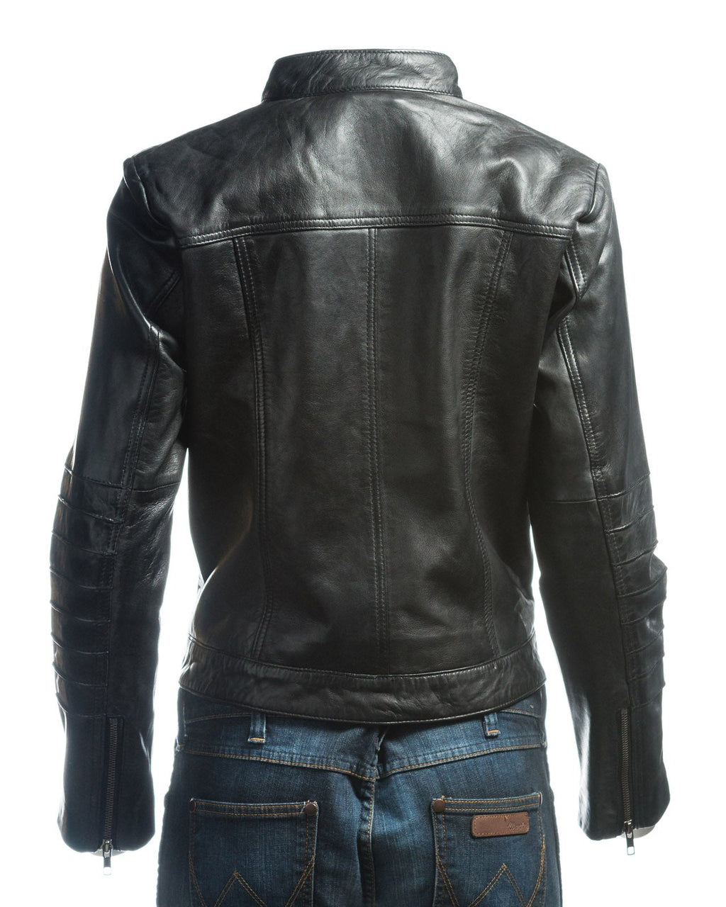 Ladies Black Pleated Front Biker Style Leather Jacket: Gloria
