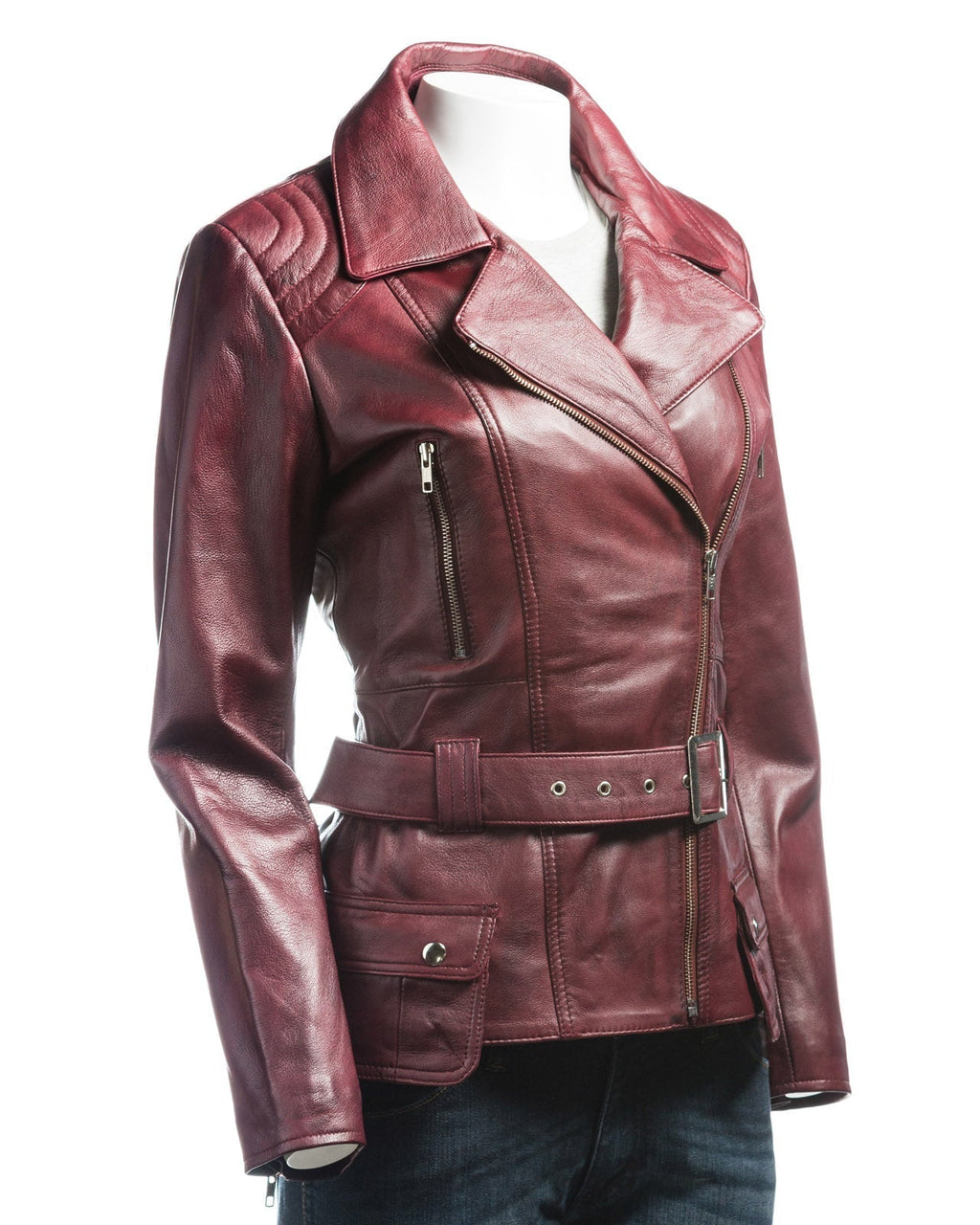 Ladies Burgundy Belted Asymmetric Biker Style Leather Jacket: Aurora