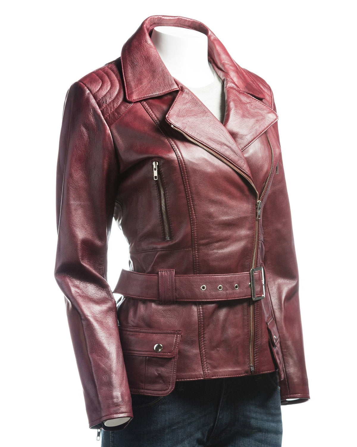 Ladies Burgundy Belted Asymmetric Biker Style Leather Jacket: Aurora
