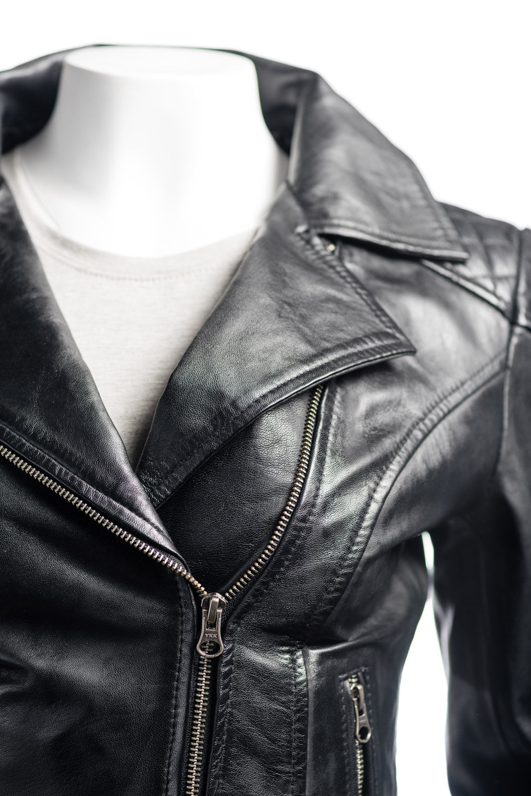 Ladies Fitted Biker Style Leather Jacket With Shoulder Detail: Priscilla