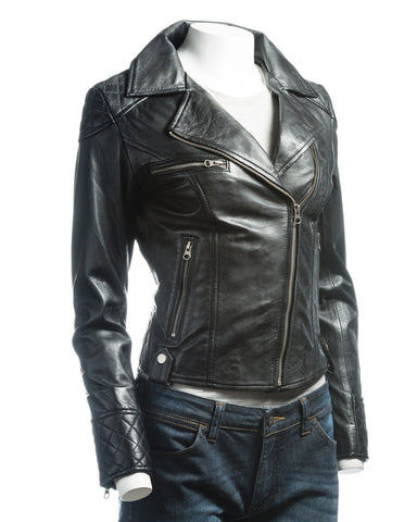 Ladies Fitted Biker Style Leather Jacket With Shoulder Detail: Priscilla