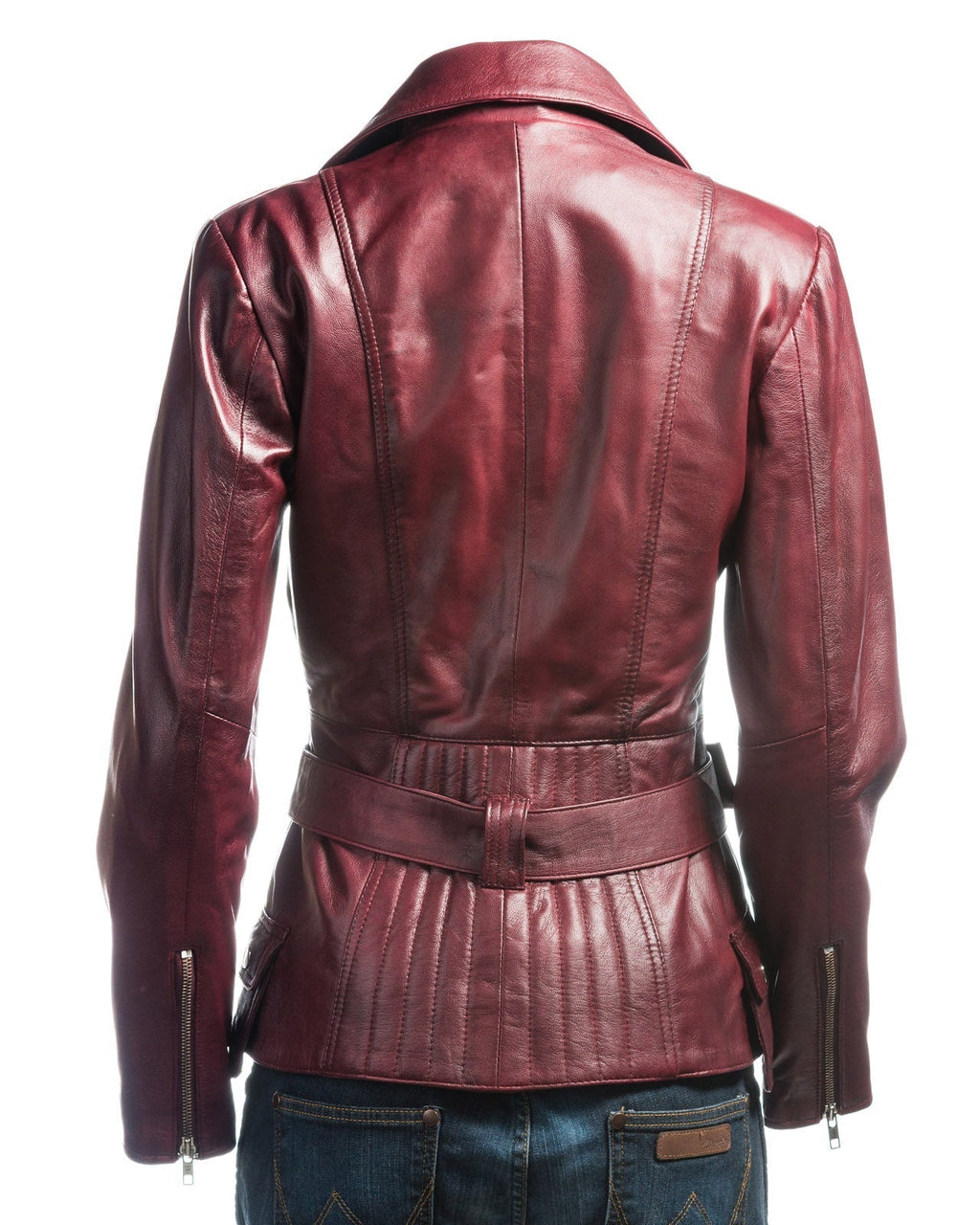 Ladies Burgundy Belted Asymmetric Biker Style Leather Jacket: Aurora