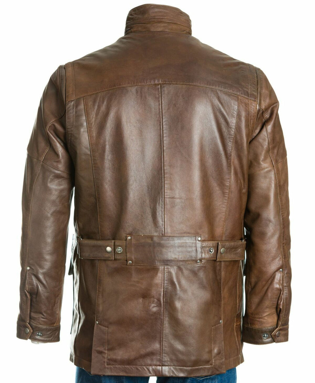 Men's Brown Stand Up Collar Leather Coat: Filberte