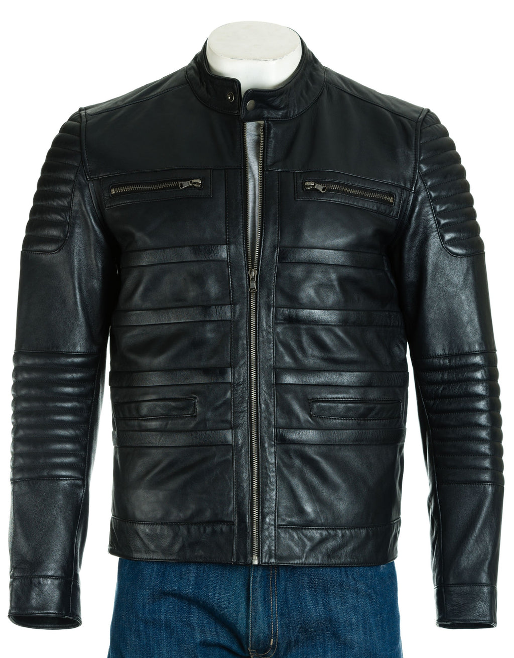 Men's Leather Biker Jacket with Horizontal Banding: Como