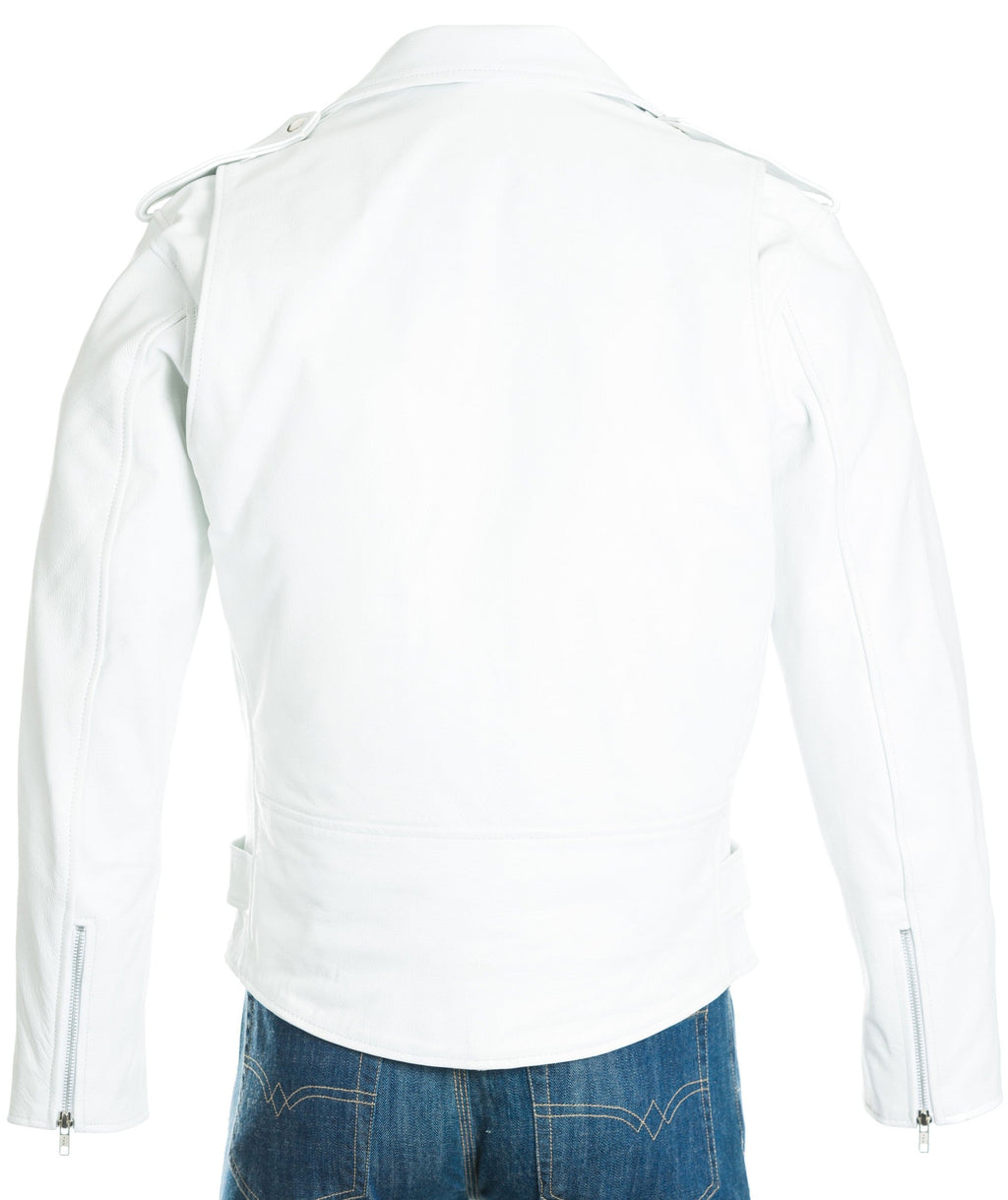 Men's White Classic Brando Biker Style Cow Hide Leather Jacket: Jose